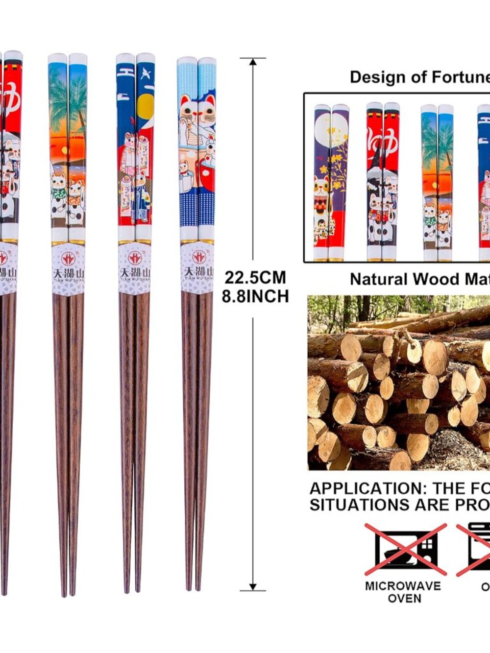 Wooden Chopsticks Reusable 5 Pairs Gift Set with 5pcs porcelain rest Lucky Cat D - Picture 4 of 9